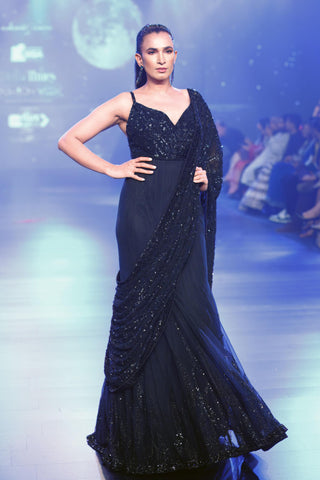 Black gown with jaal drape