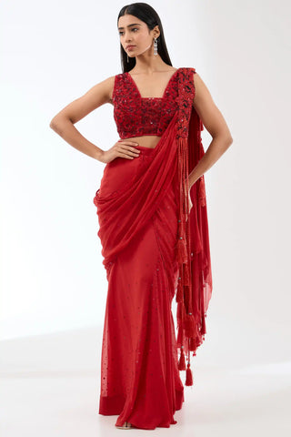 Sairra red chiffon stitched saree and blouse