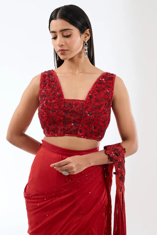 Sairra red chiffon stitched saree and blouse