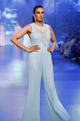 Aqua blue embroidered jumpsuit