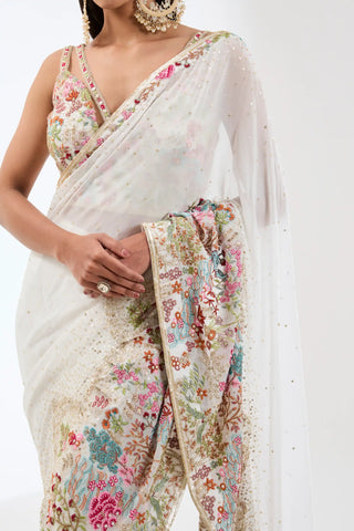 Sairra ivory multi-thread saree and blouse