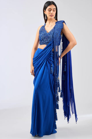 Blue pre stitched saree set