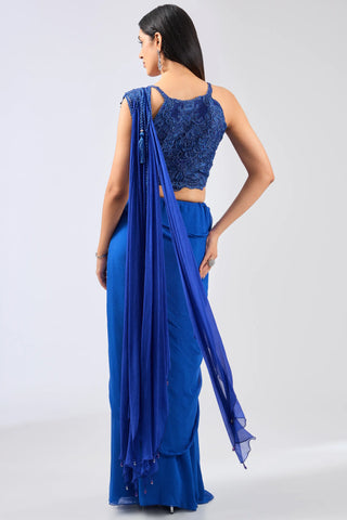 Blue pre stitched saree set