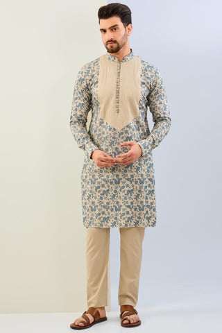 Beige with blue thread embroidered moonga silk kurta with cotton silk pant