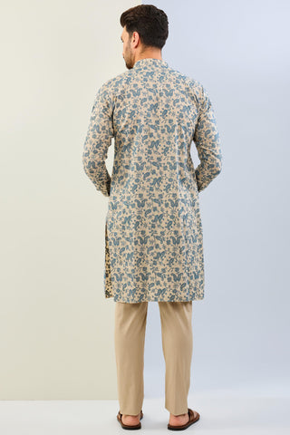 Beige with blue thread embroidered moonga silk kurta with cotton silk pant