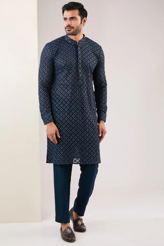 Blue georgette threadwork kurta and pants