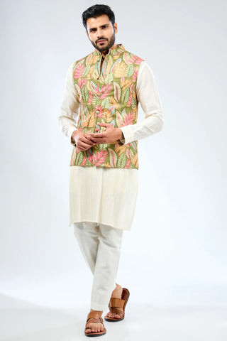 Ivory kurta with multicolor bundi and ivory pant