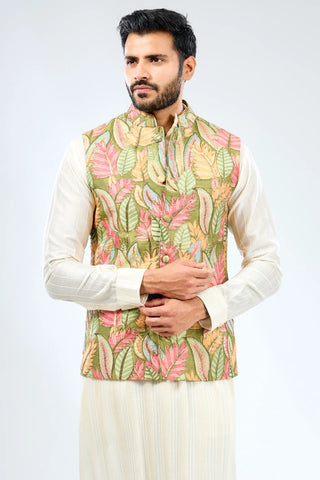 Ivory kurta with multicolor bundi and ivory pant