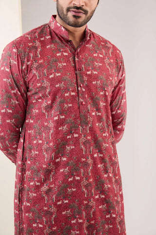 Red georgette printed kurta and pants