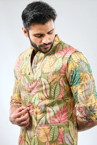 Multicolor sequin work kurta with bundi and pant