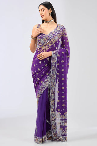 Purple embroidered panel saree set