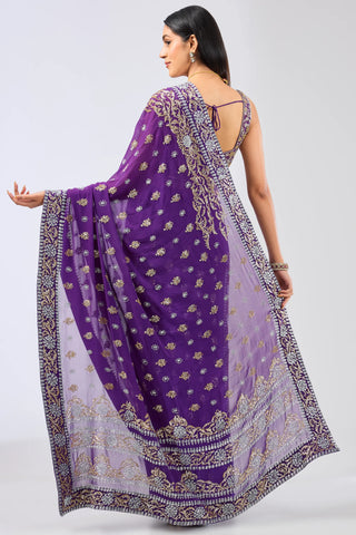 Purple embroidered panel saree set