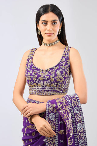 Purple embroidered panel saree set