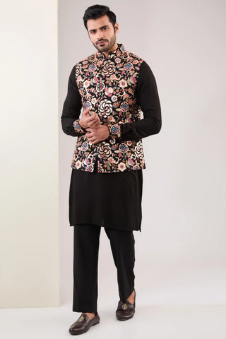 Black embroidered silk bandi and kurta set