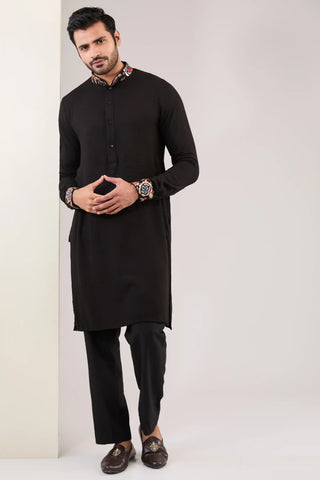 Black embroidered silk bandi and kurta set