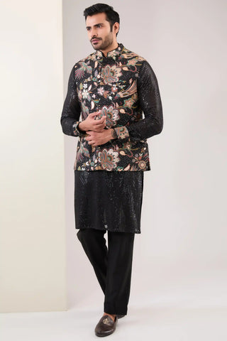 Black embroidered silk bandi and kurta set