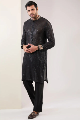 Black embroidered silk bandi and kurta set