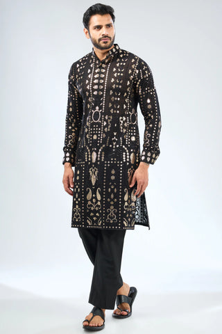 Black thread and gota work kurta with cotton silk pant