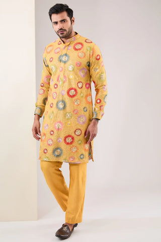 Yellow georgette sequin kurta and pants