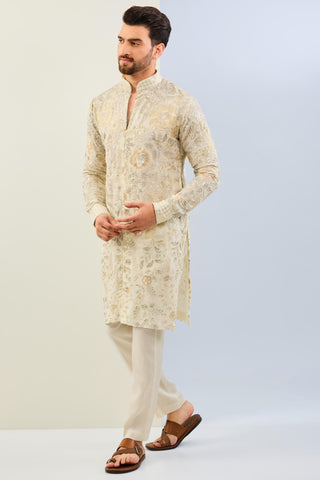 Offwhite fully embroidered tonal kurta with cotton silk pant