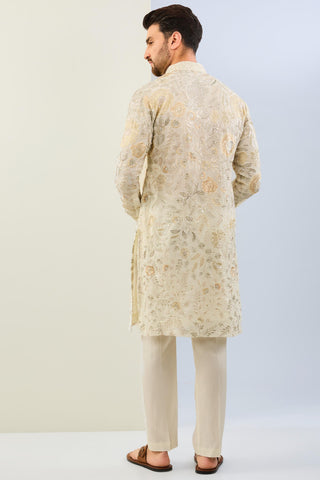 Offwhite fully embroidered tonal kurta with cotton silk pant