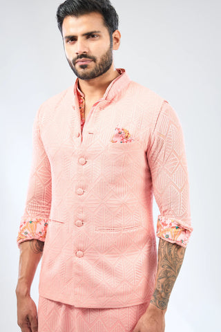 Pink sequin embroidered kurta with bundi and cotton silk pant