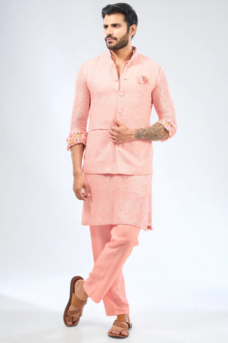 Pink sequin embroidered kurta with bundi and cotton silk pant