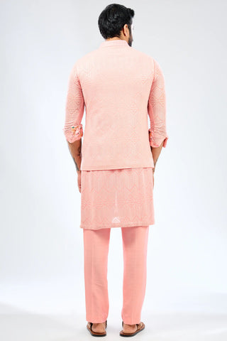 Pink sequin embroidered kurta with bundi and cotton silk pant