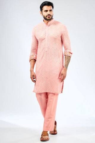 Pink sequin embroidered kurta with bundi and cotton silk pant