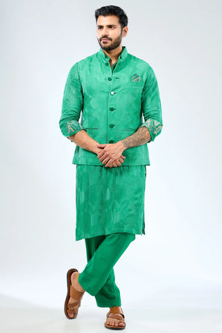 Emerald green thread embroidered kurta with bundi and matching pant