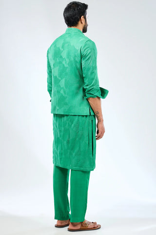 Emerald green thread embroidered kurta with bundi and matching pant