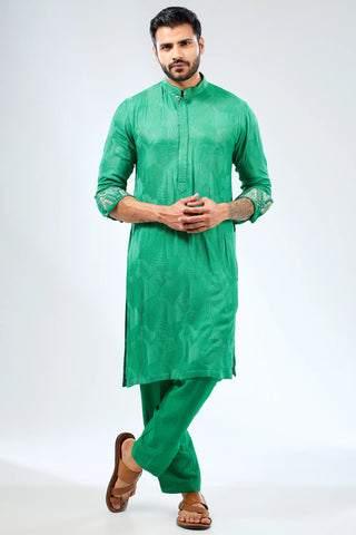 Emerald green thread embroidered kurta with bundi and matching pant