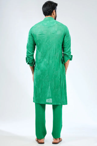 Emerald green thread embroidered kurta with bundi and matching pant