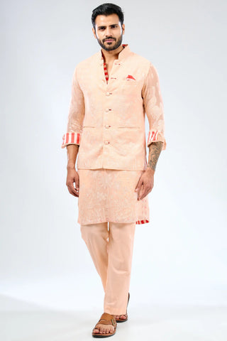 Peach thread embroidered kurta with bundi and cotton silk pant