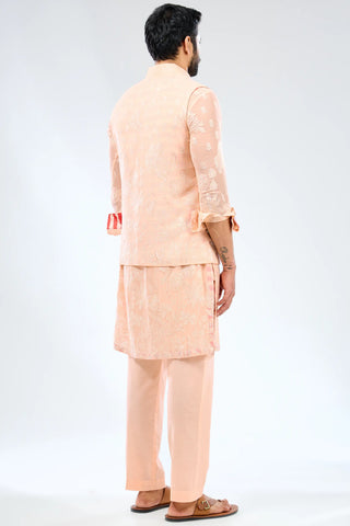 Peach thread embroidered kurta with bundi and cotton silk pant