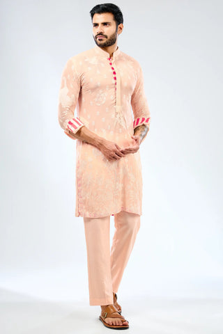 Peach thread embroidered kurta with bundi and cotton silk pant