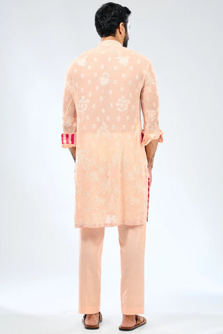 Peach thread embroidered kurta with bundi and cotton silk pant