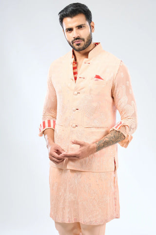 Peach thread embroidered kurta with bundi and cotton silk pant