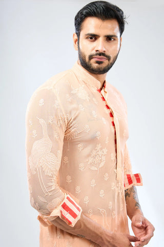 Peach thread embroidered kurta with bundi and cotton silk pant