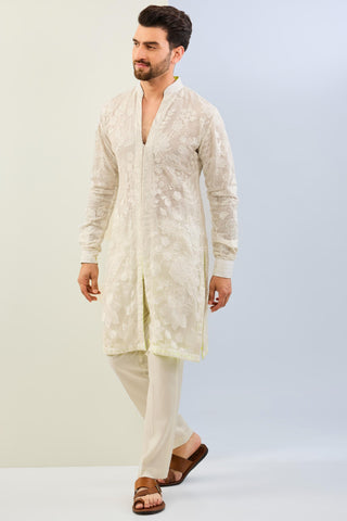 White net thread embroidered kurta with cotton silk pant