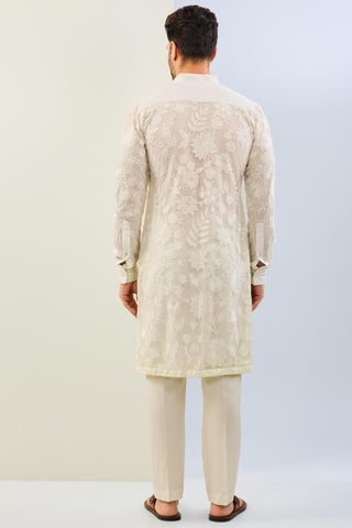 White net thread embroidered kurta with cotton silk pant