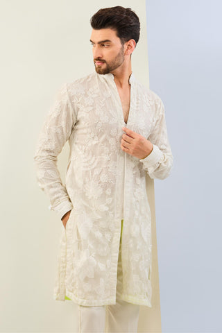 White net thread embroidered kurta with cotton silk pant