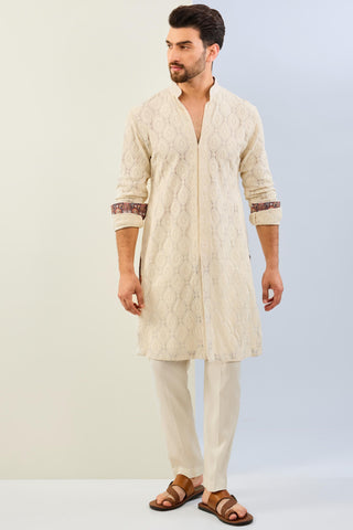 Ivory georgette embroidered kurta print detailing with match cotton silk pant