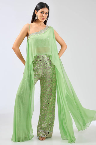 Green cape with attached blouse and mirror work pallazo