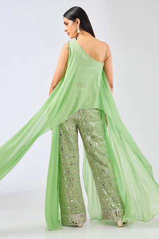 Green cape with attached blouse and mirror work pallazo