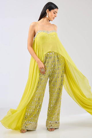 Yellow cape with attached blouse and mirror work pallazo