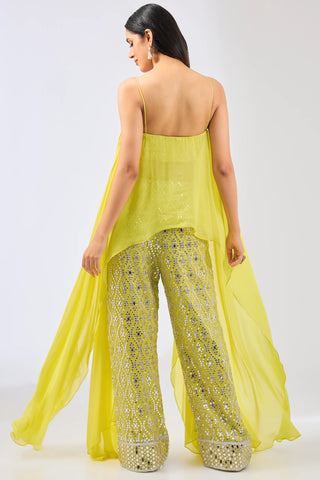 Yellow cape with attached blouse and mirror work pallazo