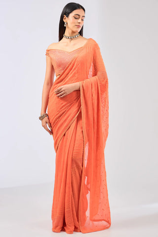 Orange thread work and sequin saree set