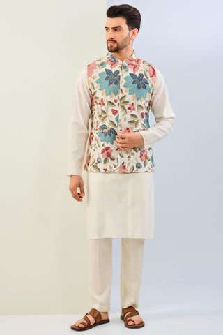 Offwhite georgette lined fully embroidered bundi with silk kurta and matching cotton silk pant