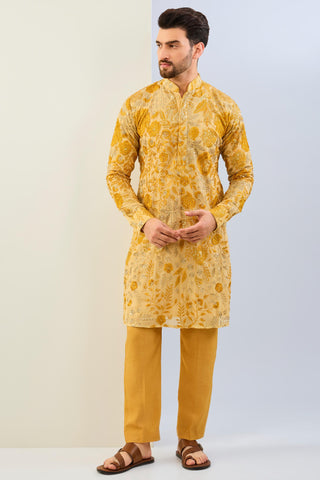 Haldi yellow multicolor embroidered kurta with cotton silk pant